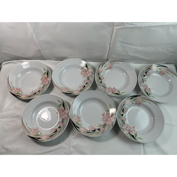 Lot of 7 Gibson Soup Bowls Pink Calla Lily Floral Spaghetti Dish‎ 8” - Picture 1 of 7